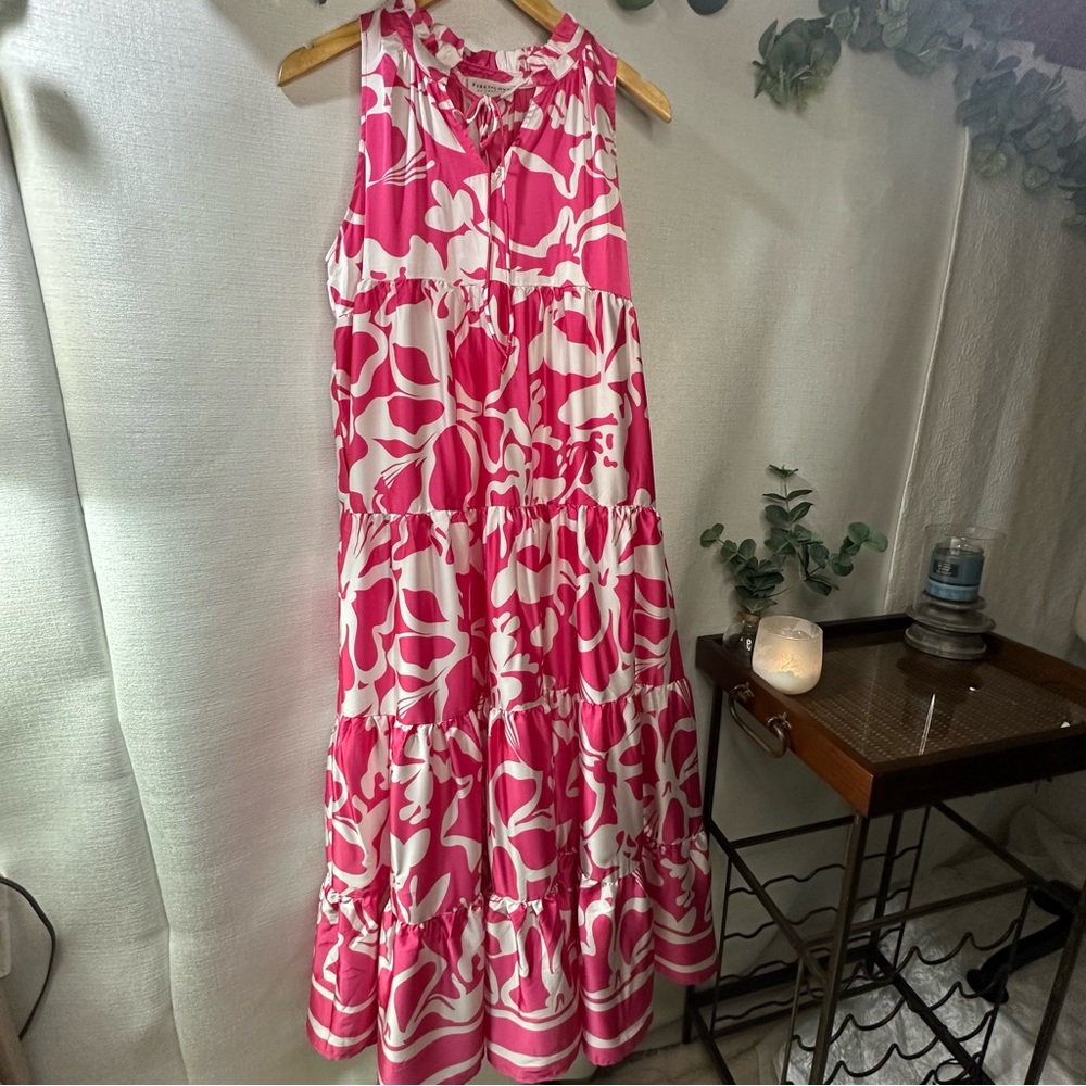 First Love by Lovelyn, Pink and White Ruffled Tiered Maxi Sleeveless Dress XL